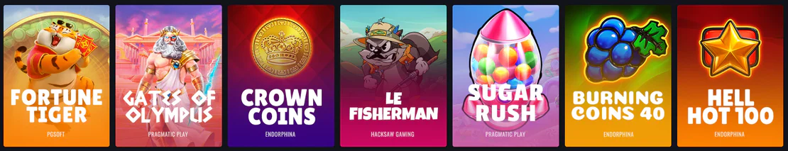 Populaire gokkasten bij Win.Bet Casino, waaronder Fortune Tiger, Gates of Olympus, Crown Coins, Le Fisherman, Sugar Rush, Burning Coins 40 en Hell Hot 100